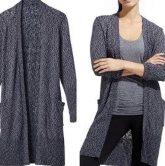 Athleta Weekend Wrap Open Front Cardigan Long Sweater With Pockets Blue White M - Picture 2 of 11
